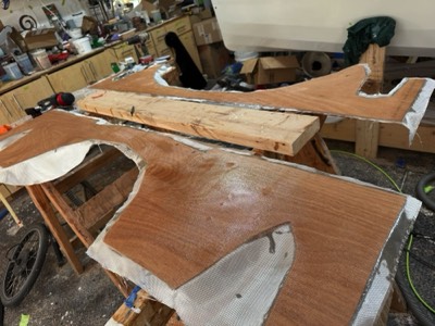  5/30/25 - Custom trailer bunks are fiberglassed.  