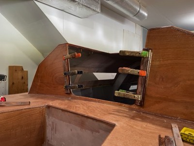  Companionway hatch trim is epoxied in place. 