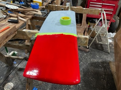  Tip of the rudder is painted red since it will be projecting behind the boat while on the trailer. 