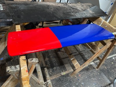  Painting of the rudder is complete. The tip is red because it will be sticking out beyond the stern when tilted up. 